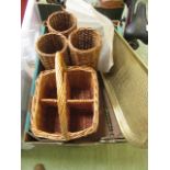 A tray containing various wicker baskets, brass tray, brass poker etc.