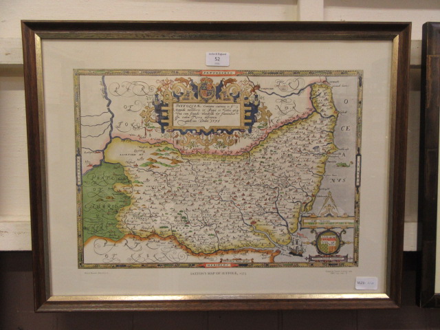 A framed and glazed reproduction Saxton's map of Suffolk