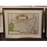 A framed and glazed reproduction Saxton's map of Suffolk