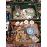 Two trays of ceramic and glass ware to include blue and white Jasperware, teddy bears,
