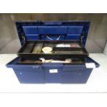 A blue tool box with a selection of hand tools