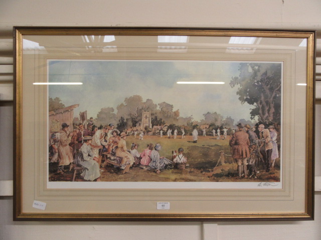 A framed and glazed print of cricket match scene signed Sturgeon