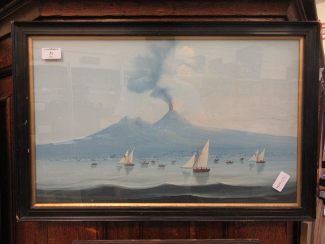 A framed and glazed Japanese oil painting of sailing vessels before a volcano