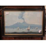 A framed and glazed Japanese oil painting of sailing vessels before a volcano