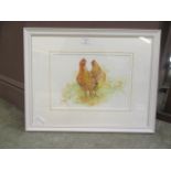A framed and glazed watercolour of chickens after Glenda Rae