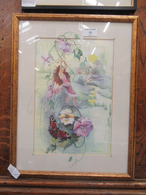 A framed and glazed watercolour of a fairy dangling from flowers signed Glenda Rae