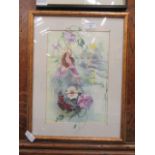 A framed and glazed watercolour of a fairy dangling from flowers signed Glenda Rae
