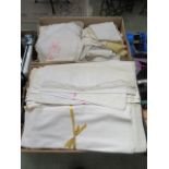 Two trays of assorted linen items, laceware,