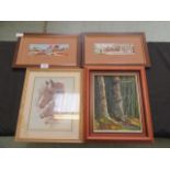 Two framed and glazed Cashes silks of carriage and ploughing scenes together two framed and glazed