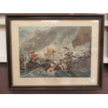 A framed and glazed coloured etching of the battle at La Hogue