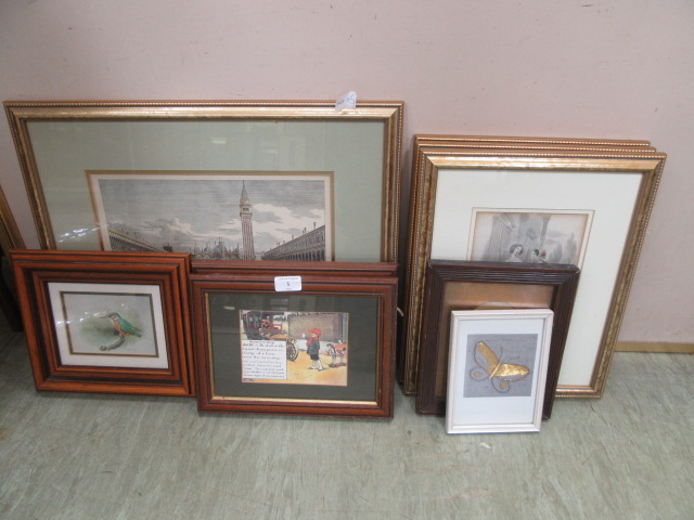 A selection of framed and glazed prints to include ladies of fashion, buildings,
