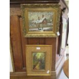 A gilt framed oil on board of snowy cottage scene signed Anthony Buckley along with one other