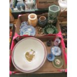 Two trays of ceramic, brass and glassware to include blue and white Jasper ware,