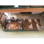 Two trays containing wall lights, chandelier etc.