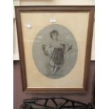 An oak framed and glazed charcoal and chalk portrait of young child carrying basket signed Trissie