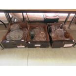 Three trays of glass ware to include bowls, drinking vessels etc.