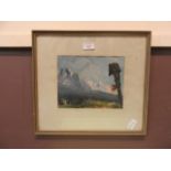 A framed and glazed oil of a mountain scene signed