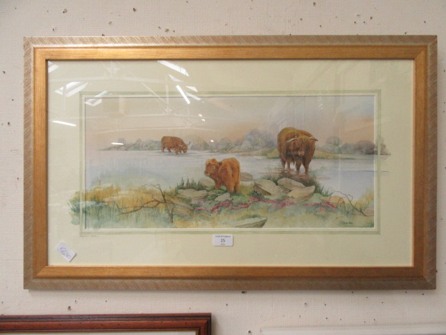 A framed and glazed watercolour of highland cattle signed Glenda Rae