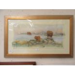 A framed and glazed watercolour of highland cattle signed Glenda Rae