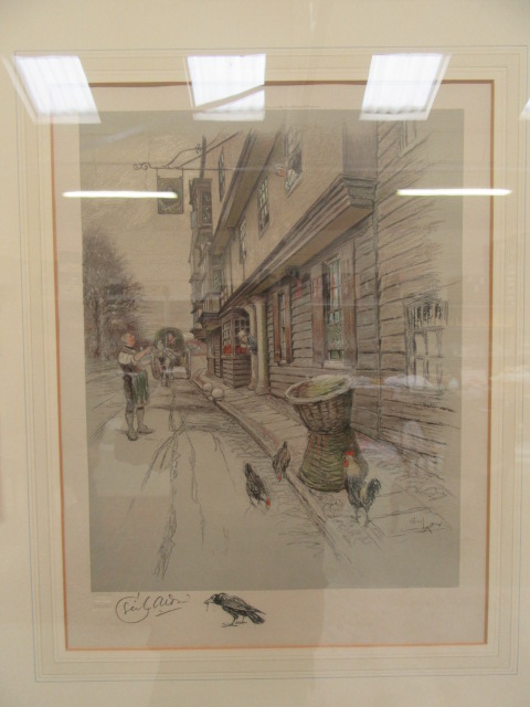 A set of four framed and glazed prints of town scenes signed Cecil Aldin with blind stamp - Image 3 of 5