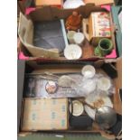 Two trays of assorted items to include drinking vessels, glasses, flatware etc.