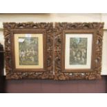 A pair of framed and glazed oriental prints of farmers in carved frames