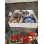 A selection of enamelled ware to include pin dishes, owl, bird, vases and cloisonne eggs etc.