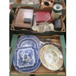 Two trays containing blue and white meat plate, lidded tureen, brass framed porthole style mirror,