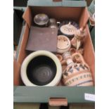 A tray containing pewter ware, onyx egg cups, ceramic pots etc.