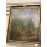 A gilt framed oil of lady in countryside