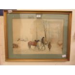 A framed and glazed watercolour of horseman in snowy lane