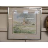 A framed and glazed watercolour of dilapidated cottage in field scene signed Monica Simkins