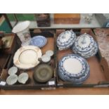 Two trays of ceramic ware to include blue and white tureens, plates, cups, saucers etc.