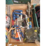 A tray of hand tools to include G-clamps, plane, grips etc.