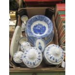 A tray of mainly blue and white ceramic ware to include storage jar, meat plates,