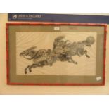 A framed and glazed oriental print on fabric of horses