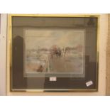 A framed and glazed limited edition print of a carriage going over a bridge scene initialled E E