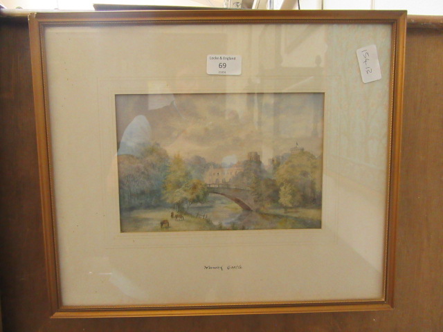 A framed and glazed watercolour of Warwick castle