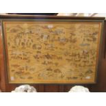 A framed and glazed outer Mongolian painting depicting daily life