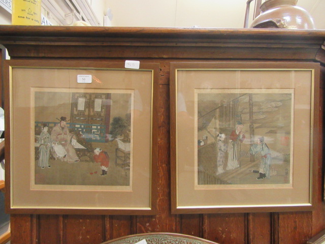 A pair of framed and glazed Japanese paintings on fabric of interior scenes