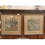 A pair of framed and glazed Japanese paintings on fabric of interior scenes