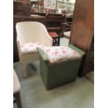 A cream painted soft wicker tub chair together with a cream painted soft wicker Ottoman seat
