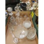 A tray containing glassware to include decanters etc