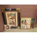 Three framed and glazed Egyptian tapestries along with a papyrus artwork and Egyptian plate