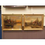 A pair of gilt framed oil on canvasses of cottage by lake scenes signed by the artist