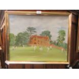 A framed oil on board of cricket match in Stoneleigh village