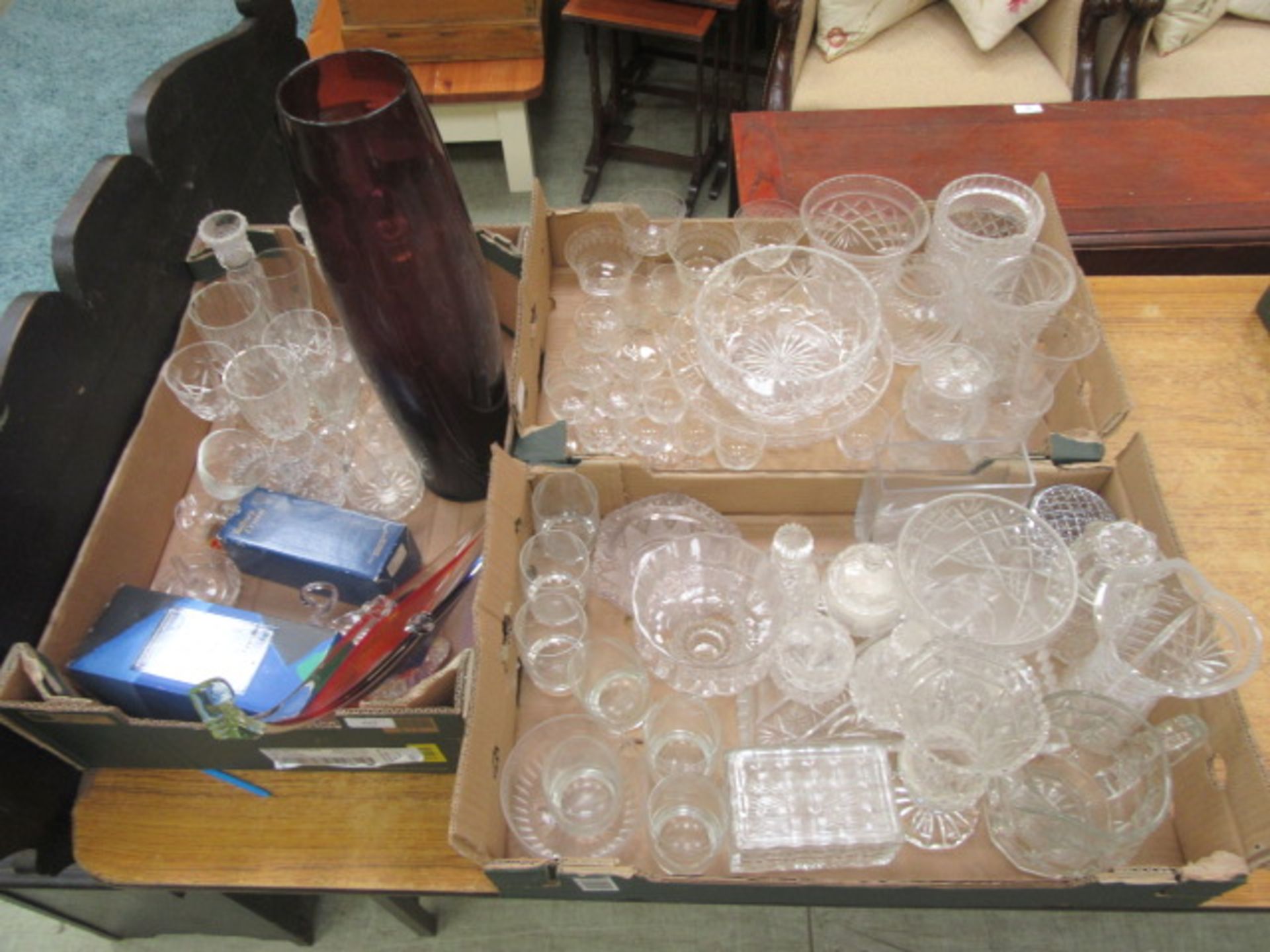 Three trays to include cut glassware and a Murano style boat