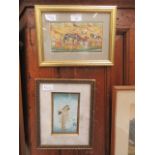 Two Oriental framed prints one of lady the other of elephant carriage scene with warriors