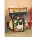 A selection of framed oils, prints, etc of various subjects to include cats, still life,