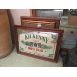 A modern framed pub mirror of Irish beer from Guinness together with two other prints